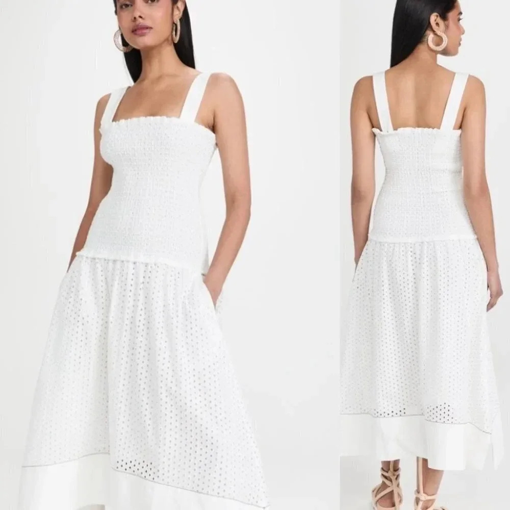 Proenza Schouler Dress 0 White Eyelet Smocked Drop Waist Broderie Anglaise - Picture 7 of 14